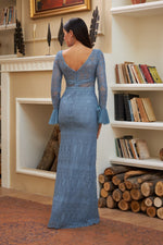 Angelino Indigo Brode Lace Arms Volan Long Evening Dress