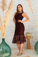 Angelino Bordeaux Lace Volan Short Evening Dress