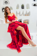 Angelino Fuchsia Printed Long Evening Dress with Low-Rise Legs