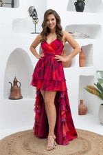 Angelino Fuchsia Printed Long Evening Dress with Short Straps on the Front