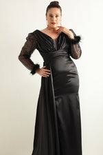 Women'S V -Neck Sleeves Long Large Size Evening Dress With Stone Slit