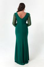 Women'S V -Neck Sleeves Large Size Long Evening Dress With Stone Slit