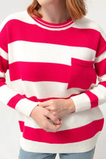 Female Bike Neck Pocket Striped Knitwear Sweater