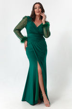 Women'S V -Neck Sleeves Large Size Long Evening Dress With Stone Slit