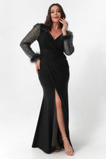 Women'S V -Neck Sleeves Large Size Long Evening Dress With Stone Slit