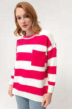 Female Bike Neck Pocket Striped Knitwear Sweater