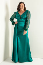 Women'S V -Neck Sleeves Long Large Size Evening Dress With Stone Slit