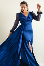 Women'S V -Neck Sleeves Long Large Size Evening Dress With Stone Slit