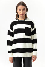 Female Bike Neck Pocket Striped Knitwear Sweater