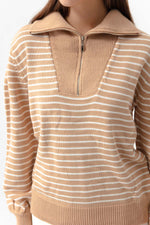 Female Zipper Detailed Striped Knitwear Sweater