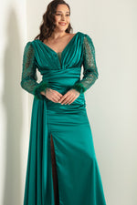 Women'S V -Neck Sleeves Long Large Size Evening Dress With Stone Slit