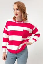 Female Bike Neck Pocket Striped Knitwear Sweater