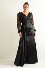 Women'S V -Neck Sleeves Long Large Size Evening Dress With Stone Slit