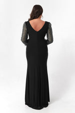 Women'S V -Neck Sleeves Large Size Long Evening Dress With Stone Slit