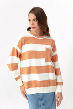 Female Bike Neck Pocket Striped Knitwear Sweater