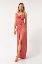 Female Stone Hanger Degage Collar Satin Evening Dress