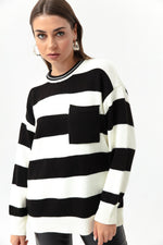 Female Bike Neck Pocket Striped Knitwear Sweater