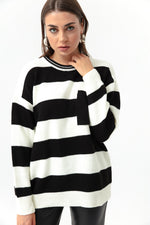 Female Bike Neck Pocket Striped Knitwear Sweater