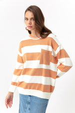 Female Bike Neck Pocket Striped Knitwear Sweater