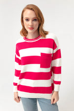 Female Bike Neck Pocket Striped Knitwear Sweater