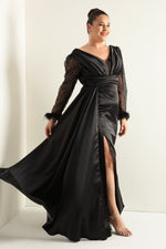 Women'S V -Neck Sleeves Long Large Size Evening Dress With Stone Slit