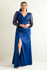 Women'S V -Neck Sleeves Long Large Size Evening Dress With Stone Slit