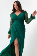 Women'S V -Neck Sleeves Large Size Long Evening Dress With Stone Slit