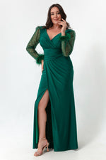 Women'S V -Neck Sleeves Large Size Long Evening Dress With Stone Slit