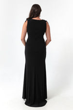 Woman V -Neck Shoulders Stone Detail Large Size Long Evening Dress