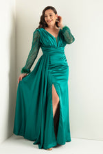 Women'S V -Neck Sleeves Long Large Size Evening Dress With Stone Slit