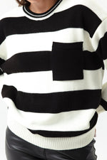 Female Bike Neck Pocket Striped Knitwear Sweater