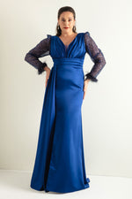 Women'S V -Neck Sleeves Long Large Size Evening Dress With Stone Slit