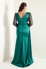 Women'S V -Neck Sleeves Long Large Size Evening Dress With Stone Slit