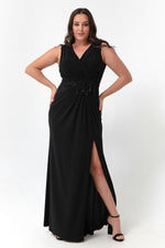 Woman V -Neck Shoulders Stone Detail Large Size Long Evening Dress