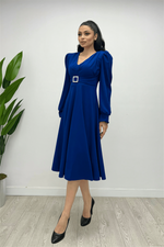 Imported Pancake Fabric Belt Detailed Midi Dress - Saks Blue