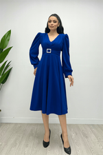 Imported Pancake Fabric Belt Detailed Midi Dress - Saks Blue