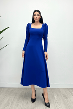 Crepe Fabric Square Collar Midi Dress - Saks Blue