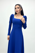 Crepe Fabric Square Collar Midi Dress - Saks Blue