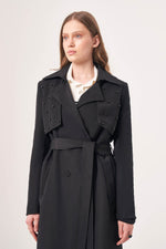 Pearl Detailed Black Trench Coat