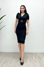 Scuba Fabric Belt Detailed Pen Dress - Black