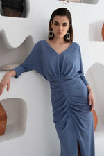 Angelino indigo silvery slit long evening dress dress