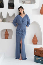 Angelino indigo silvery slit long evening dress dress