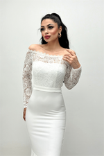 Upper Guipure Lace Lower Double Fabric Boat Collar Evening Dresses - White