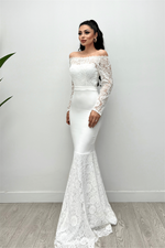 Upper Guipure Lace Lower Double Fabric Boat Collar Evening Dresses - White