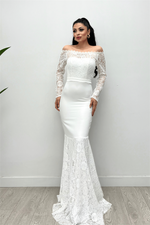 Upper Guipure Lace Lower Double Fabric Boat Collar Evening Dresses - White